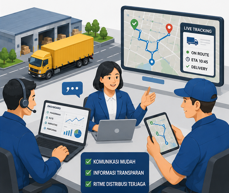 Ilustrasi koordinasi tim trucking dengan tracking rute dan update perjalanan